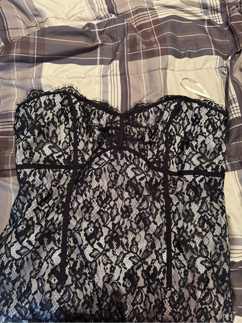 White House Black Market Black Lace Strapless over warm ivory/ champagne lining